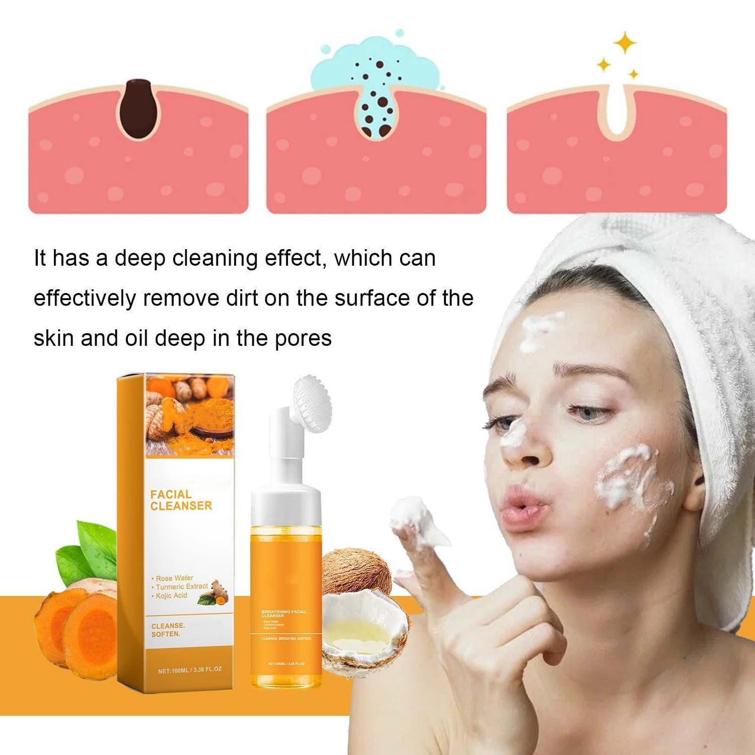 2Pcs Turmeric Facial Cleanser, Turmeric Foaming Face Wash Glow Brightening Face, Deep Cleansing Face Cleanser with Brush (100Ml)