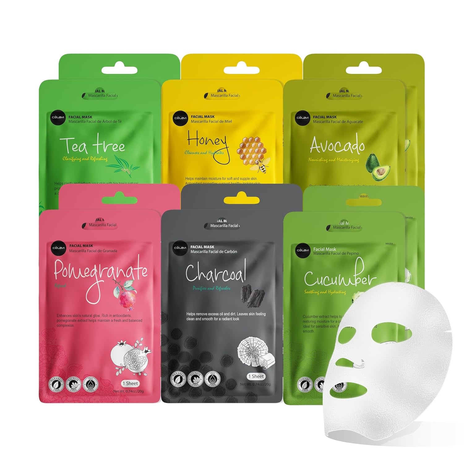 Celavi Essence Facial Face Mask Paper Sheet Korea Skin Care Moisturizing 12 Pack (Mix - 2 of Each) | Twelve Korean Essence Masks for Men, Two Each of Six Formulas. Charcoal, Tea Tree, Cucumber, Honey, Avocado, Pomegranate.